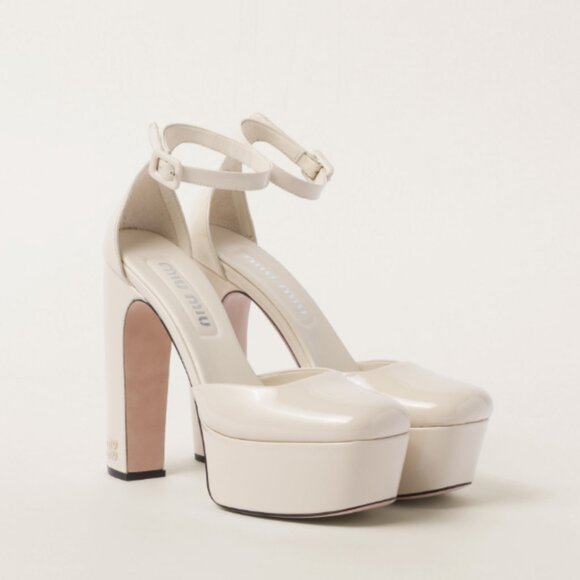 NWT Miu Miu Platform Pumps Beige Patent Leather Ankle Strap Block High Heels 40 - Picture 1 of 8